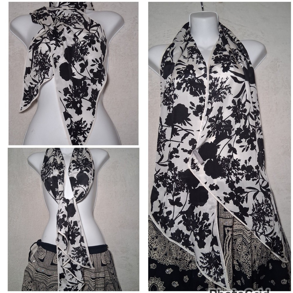Ann Taylor 100% Silk Monochrome Floral Print Scarf Black White Office Mature